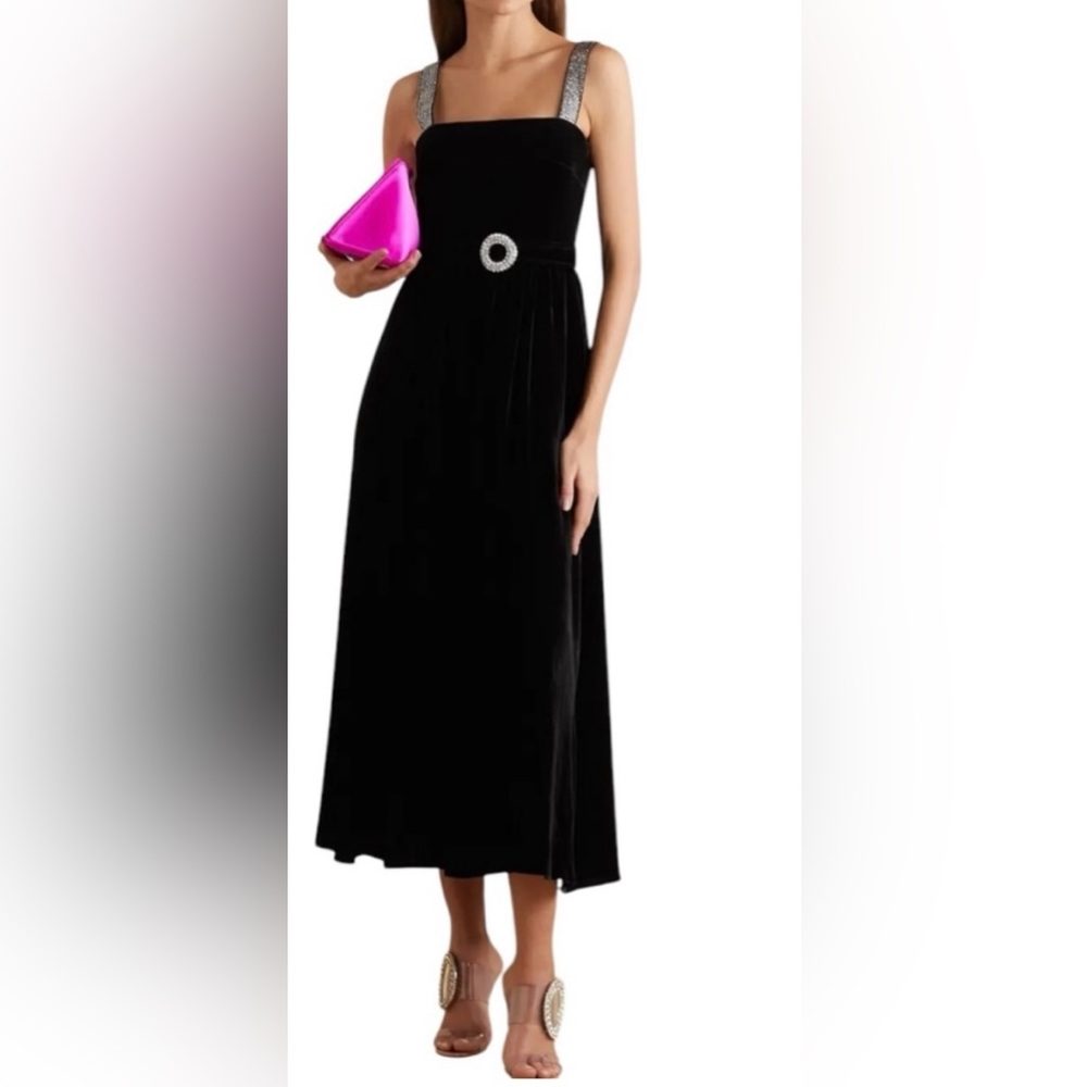 BORGO DE NOR Sleeveless Belted Ninet Crystal-Embellished Velvet Midi Dress